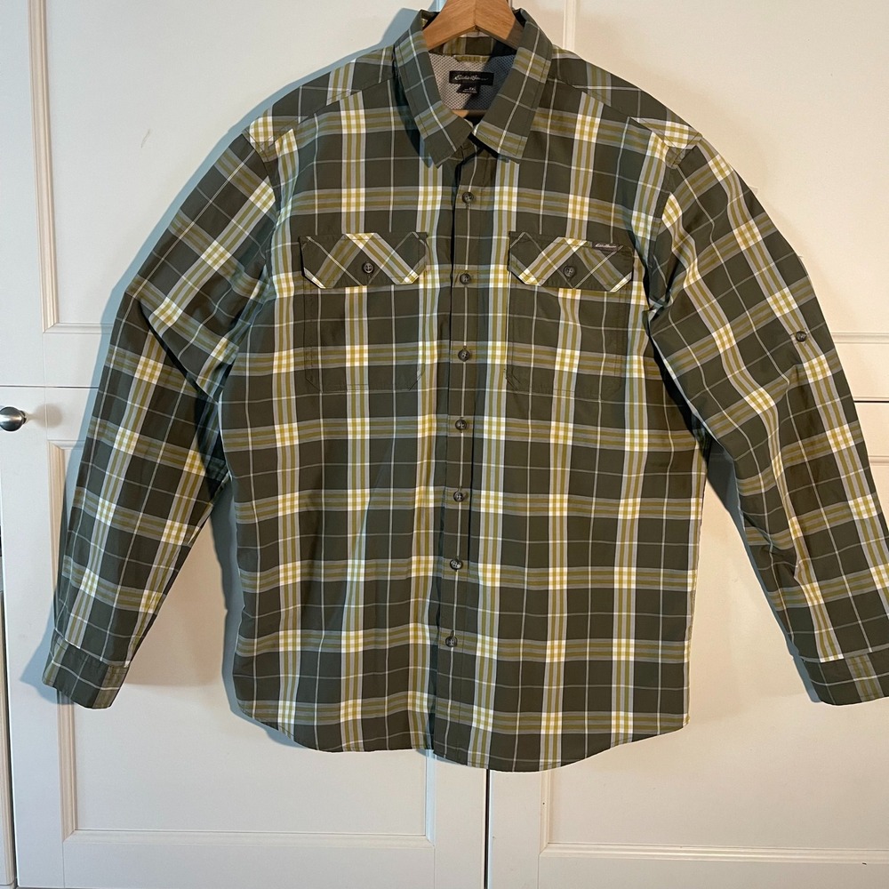 Eddie Bauer Mens XL Tall Plaid Button Down Shirt Olive Green Long Sleeve